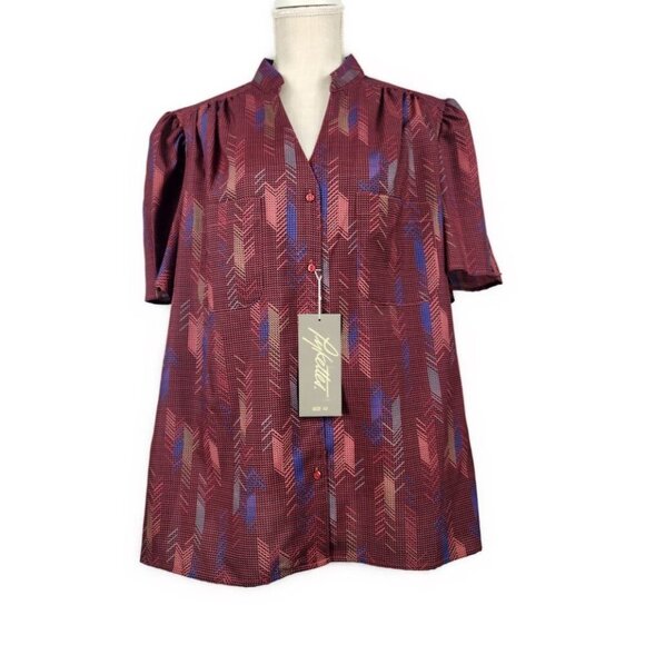 Vintage Pykettes Button Up Blouse Women's 42 Red Maroon Geometric 70s NWT - Picture 1 of 9